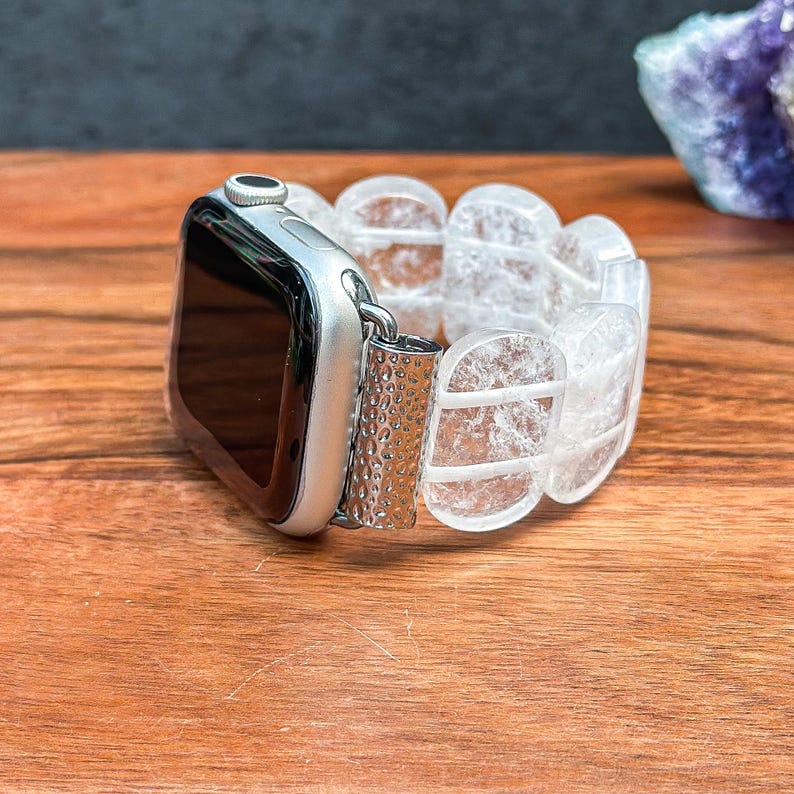 Side angle of beaded Apple Watch band with smooth oval white crystals, adding a touch of sophistication and lightness.
