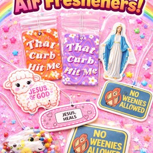 May include: A collection of colorful car air fresheners with various designs and text. Includes a lamb, a Virgin Mary figure, and rectangular tags with phrases like "That Curb Hit Me" and "No Weenies Allowed."