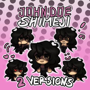Puede incluir: Una ilustración digital de un personaje con cabello negro y una camisa blanca. El personaje se muestra en cinco poses diferentes con diferentes expresiones faciales. El texto "JOHN DOE SHIMEJI 2 VERSIONS" se muestra en la parte superior de la imagen.