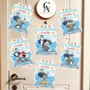 May include: Six graduation cruise themed door hangers featuring Mickey Mouse, Minnie Mouse, Donald Duck, Goofy, and Pluto. Each hanger has a blue and white cruise ship, a yellow sun, and red fireworks. The text "Graduation Cruise" is written in a blue and white font. The text "Custom Name" is written in a white font.