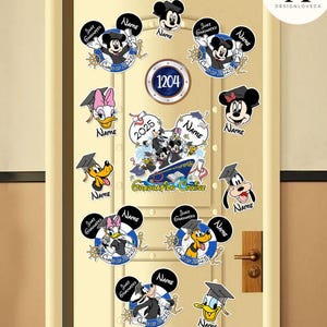 May include: A door decorated with graduation themed Disney character stickers. The stickers feature Mickey Mouse, Minnie Mouse, Donald Duck, Goofy, and Pluto. The stickers are in various colors, including red, yellow, blue, and black. The stickers have the text "Just Graduated" and "Graduation Cruise" on them. The door has a number "1204" on it.