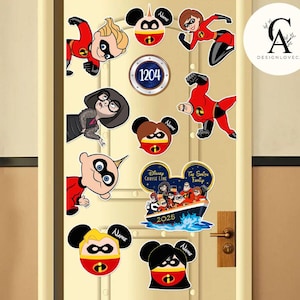May include: A collection of The Incredibles themed stickers and decals, including character illustrations and Mickey Mouse-shaped designs. The stickers feature the text "Name", "1204", "Disney Cruise Line", "The Smith Family", and "2025". The stickers are red, black, and white.