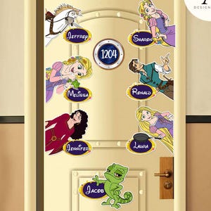 May include: A yellow door with a white door frame and a white door knob. There are several colorful stickers on the door, including a horse, a chameleon, and several characters from the movie Tangled. The stickers have names on them, including Jacob, Jennifer, Laura, Melissa, Ronald, Jeffrey, and Sharon. The door also has a round sticker with the number 1204 on it.
