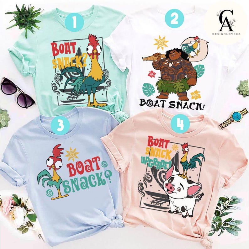 May include: Four different t-shirts with a cartoon rooster and the text "Boat Snack" on them. The shirts are in different colors: light blue, white, light blue, and pink.