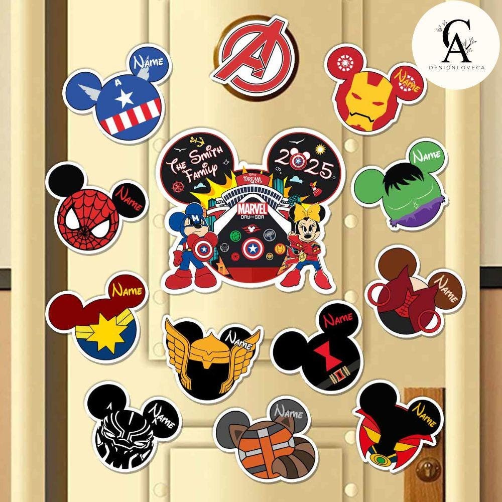 Personalized Mickey Minnie Cosplay Superhero Disney Cruise Magnet, Marvel Day at Sea 2025 Family Cruise Ship Stateroom Door, Disney Dream