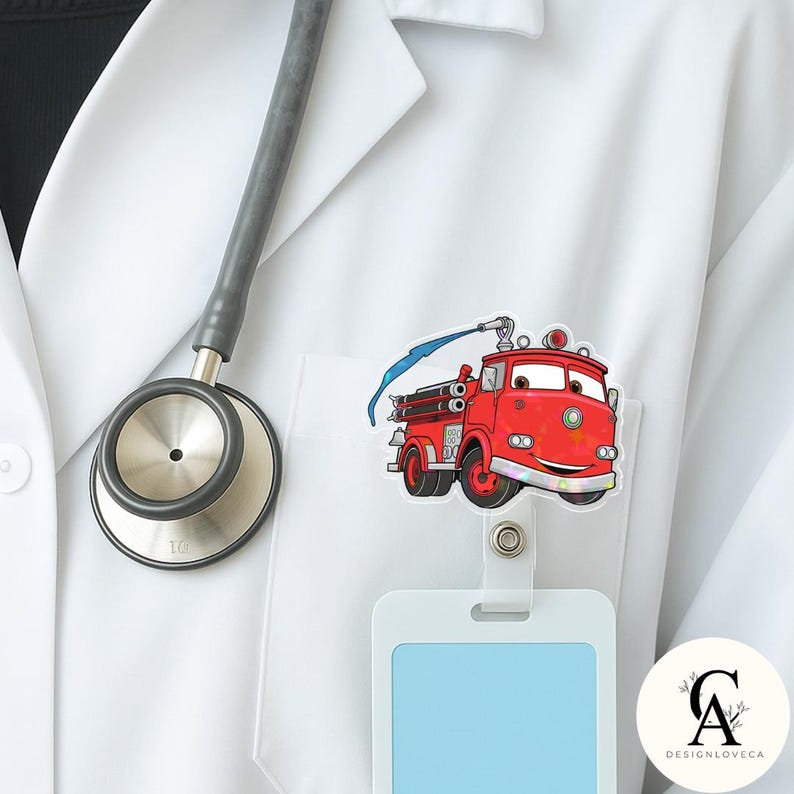 May include: A red cartoon fire truck badge reel with a smiling face and blue water stream. The badge reel is attached to a white lab coat. A stethoscope is visible in the background.