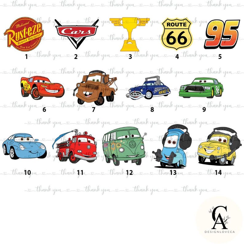 May include: A collection of colorful cartoon car designs, including a red race car, a tow truck, and a blue sports car. Other designs include a trophy, the Route 66 sign, and the number 95. The word "Cars" is also featured.