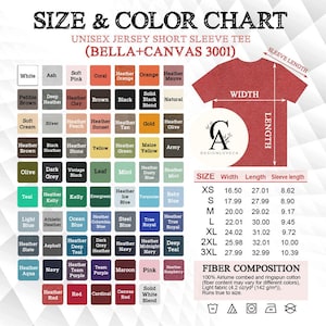 May include: Size chart for unisex short sleeve t-shirts, showing a variety of colors and sizes. The chart includes measurements for width, length, and sleeve length in inches. The fabric composition is 100% Airlume combed and ringspun cotton.