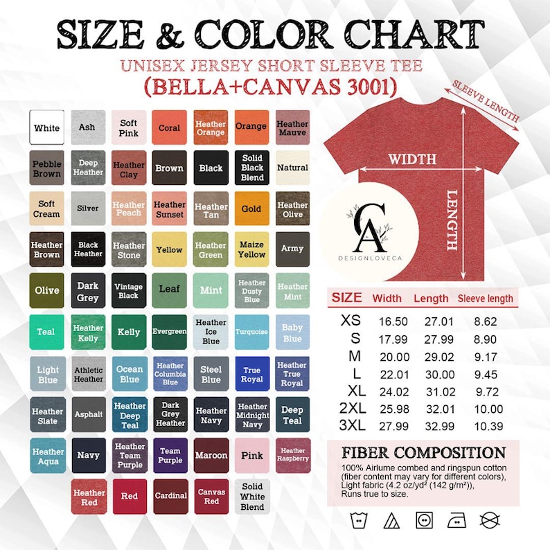 May include: Size chart for unisex short sleeve t-shirts, showing a variety of colors and sizes. The chart includes measurements for width, length, and sleeve length in inches. The fabric composition is 100% Airlume combed and ringspun cotton.