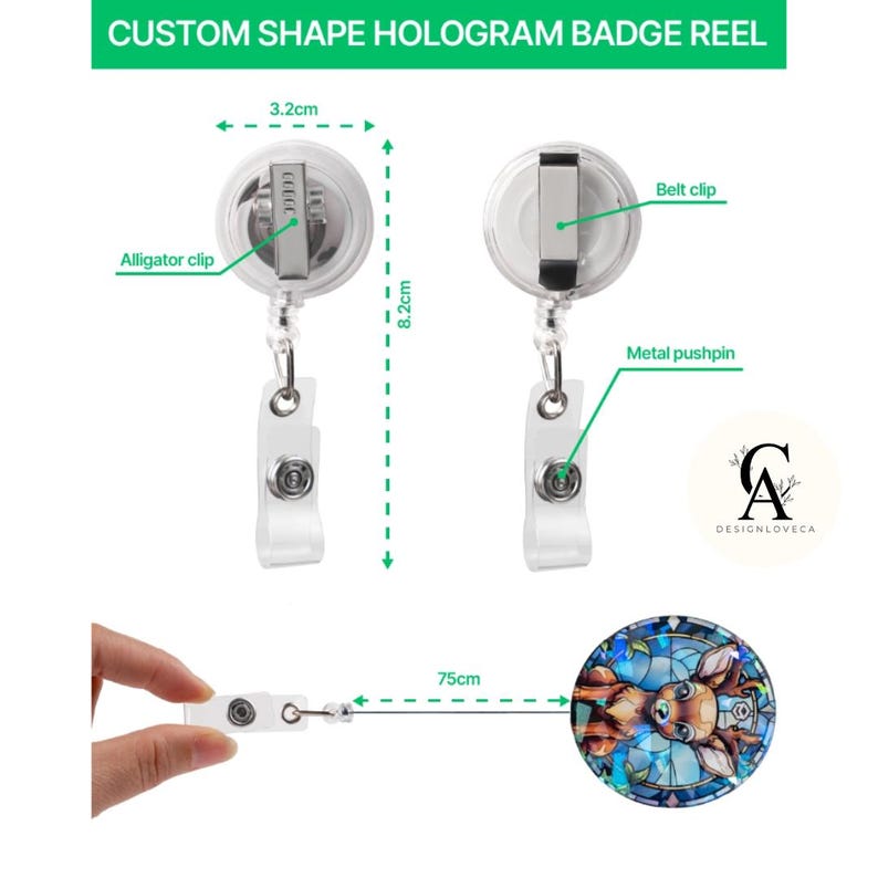 May include: A custom shape hologram badge reel with a deer design. The reel has a 3.2cm diameter and is 8.2cm long. It features an alligator clip, a belt clip, and a metal pushpin. The retractable cord extends to 75cm.