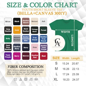 May include: Size and color chart for youth short sleeve t-shirts. The chart shows different colors and sizes with corresponding width and length measurements in inches. The chart also includes a fiber composition description for the t-shirts.