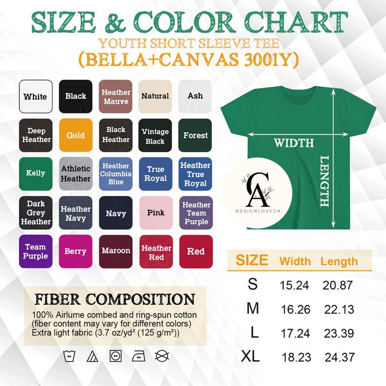 May include: Size and color chart for youth short sleeve t-shirts. The chart shows different colors and sizes with corresponding width and length measurements in inches. The chart also includes a fiber composition description for the t-shirts.