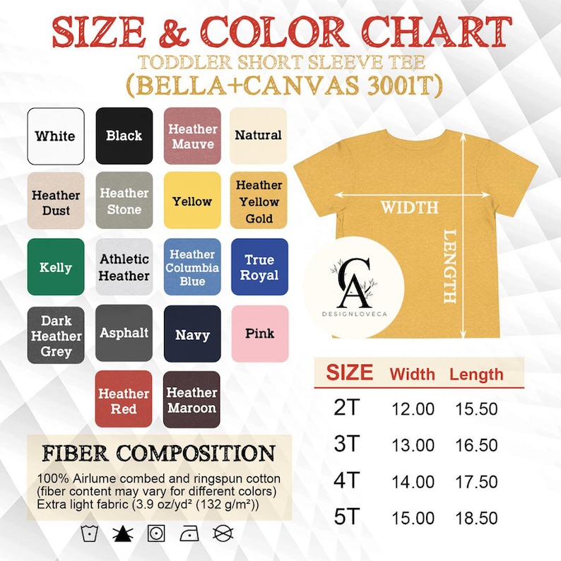 May include: Size chart for toddler short sleeve t-shirts, Bella + Canvas 3001T.  The chart shows the width and length measurements in inches for sizes 2T, 3T, 4T, and 5T.  The chart also shows a color chart with various heather and solid colors.