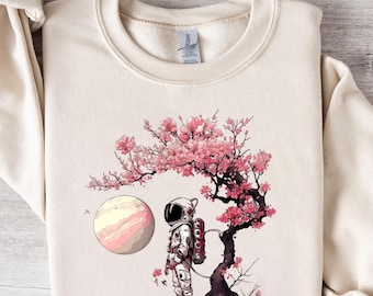 Cherry Blossom Astronaut Sweatshirt, Japanese Cherry Blossoms Sweat, Flower Nature Sweater, Spring Flowers Sweater, Sakura Sweatshirt