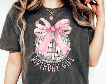 Pink Coquette Disco Ball Birthday Girl Shirt, Comfort Colors Birthday Girl Shirt, Girls Birthday Party Shirts, Girly Pink Bow Shirt