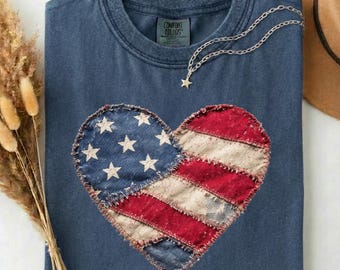 American Flag Heart Comfort Colors Shirt, Patriotic Patchwork Tee, 4th of July Heart Tshirt, Boho Patriotic Women Gift Shirt, Vinyl Printing