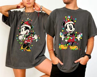 Disney Couples Mickey and Minnie Mouse Christmas Lights Shirt, Comfort Colors Disney Christmas Shirt, Mickey's Very Merry Xmas Party Shirt