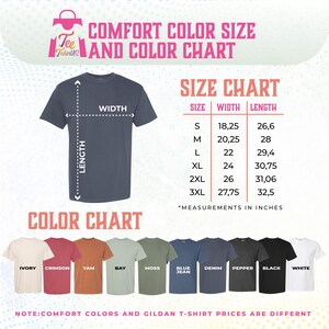 The image is a color chart and size chart for a T-shirt, providing measurements and color options for different sizes.