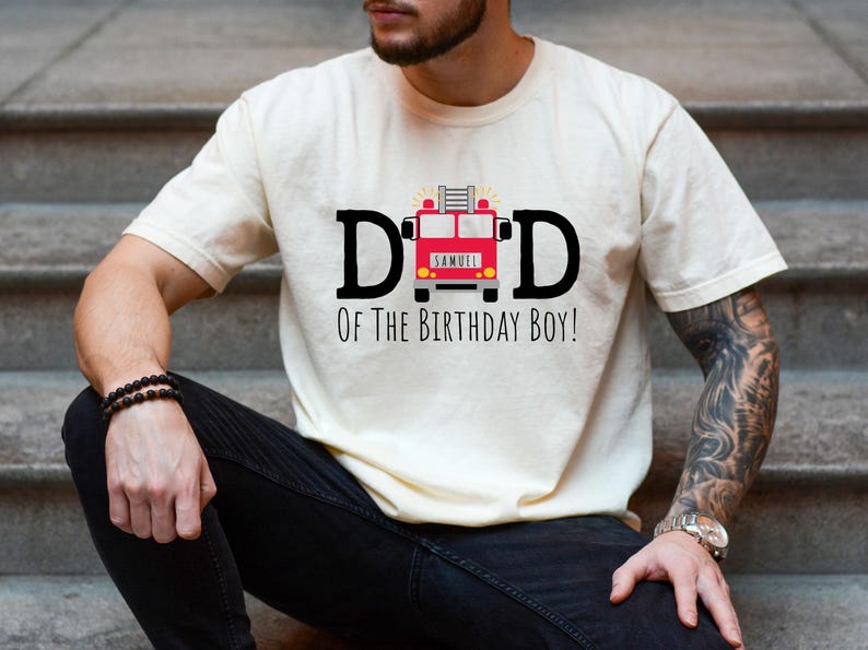 Custom Fire Truck Birthday Shirt, Comfort Colors Dad and Mom of The Birthday Boy Fire Truck Shirt, Family Kids Matching Tees, Fire Truck Tee image 3