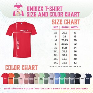 The image is a T-shirt size and color chart, providing measurements and color options for a unisex t-shirt.