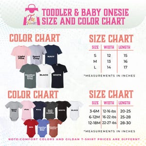 The image is a color chart and size chart for toddler and baby onesies, providing measurements in inches and listing various color options and corresponding sizes.