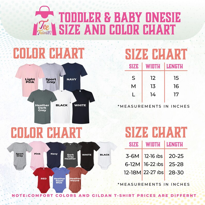 The image is a color chart and size chart for toddler and baby onesies, providing measurements in inches and listing various color options and corresponding sizes.