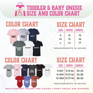 The image is a color chart and size chart for toddler and baby onesies, providing measurements in inches and listing various color options and corresponding sizes.