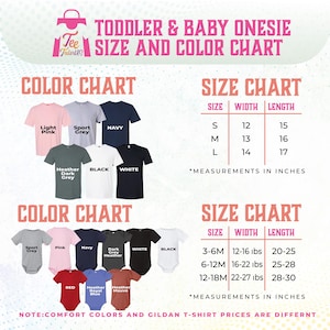The image is a color chart and size chart for toddler and baby onesies, providing measurements in inches and listing various color options and corresponding sizes.