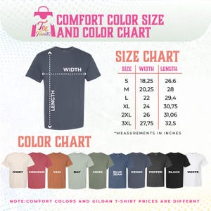 The image is a color chart and size chart for a T-shirt, providing measurements and color options for different sizes.