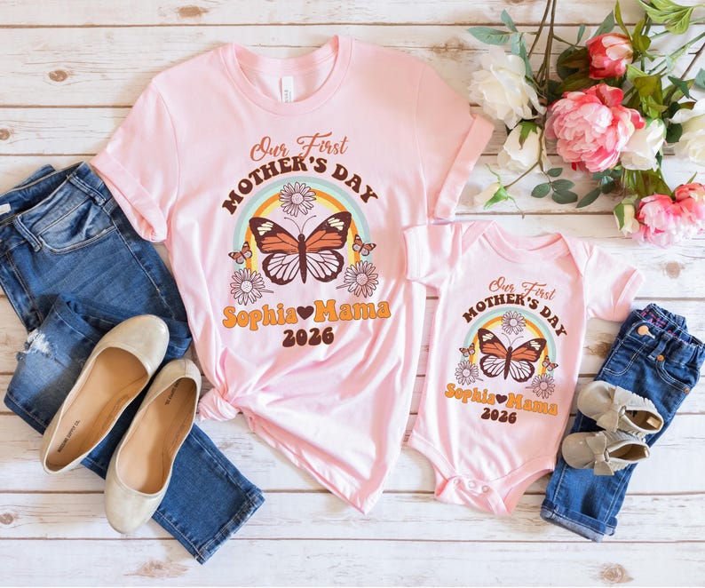 Personalized Our First Mothers Day Set, Comfort Colors Mothers Day Shirt, First Mother's Day Shirt, Mom and Baby Shirt, New Mom Gift Shirt image 2