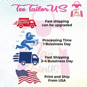 The image is a promotional graphic for a company called " Tee Tailor US". It features various icons and text related to fast shipping and delivery services, including an express delivery truck, a person delivering a package, and a flag of the United States.