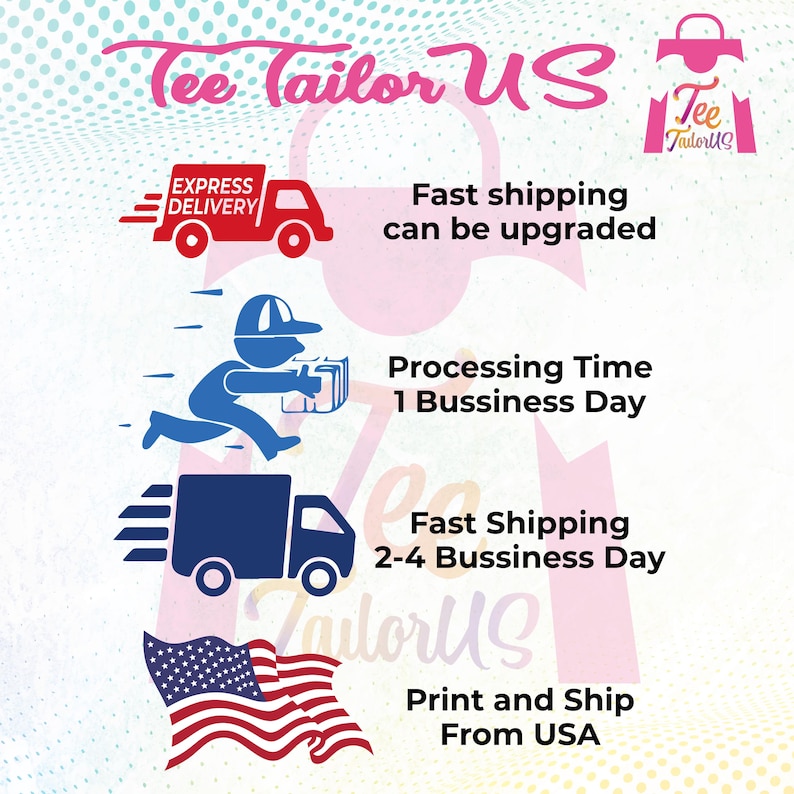 The image is a promotional graphic for a company called " Tee Tailor US". It features various icons and text related to fast shipping and delivery services, including an express delivery truck, a person delivering a package, and a flag of the United States.