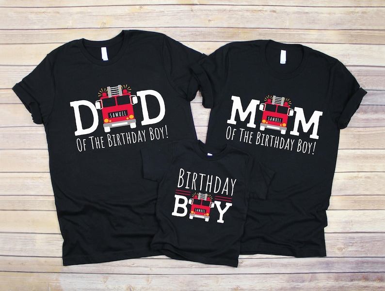 Custom Fire Truck Birthday Shirt, Comfort Colors Dad and Mom of The Birthday Boy Fire Truck Shirt, Family Kids Matching Tees, Fire Truck Tee image 2