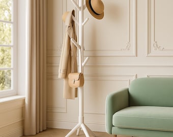 Solid Wood Coat Rack, Freestanding Tree Coat Stand with 8 Hooks & 3 Height Options, Entryway Clothes Hat Bag Hanger for Bedroom Living Room