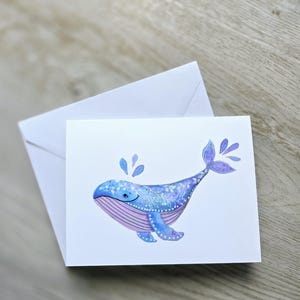 Whimsical Watercolor WHALE Greeting Card Blank All occasion card for birthday, card for children, thank you card, thinking of you card