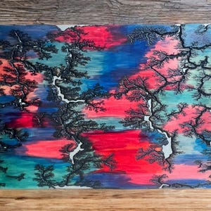 Fractal Burned Wall Art | 12”x15.75” Lichtenberg Wood Decor with Custom Inks, Silver Accent & Gloss Finish | Ready to Hang