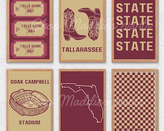 May include: Set of six printable wall art prints featuring a maroon and gold color scheme. The prints include a football stadium, a state outline, a checkered pattern, a pair of cowboy boots, and three tickets with the text "Tally Game Day". The prints also include the text "State State State State" and "Tallahassee".