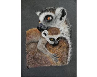 Lemur with Baby - Original Pastel Artwork
