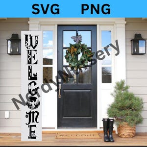 May include: A black and white welcome sign with a variety of Harry Potter themed icons. The sign is hanging on a white door with a black doormat that says "Welcome".