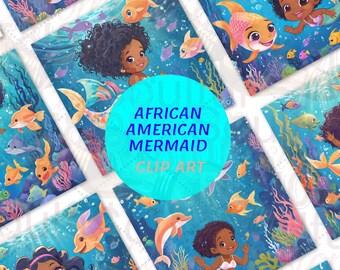 Junge AFRICAN American Mermaid Clipart-12PNG Illustrationen Grafiken, Ozean Printables, Sofortiger digitaler Download, Unbegrenzte Kommerzielle Nutzung Handwerk