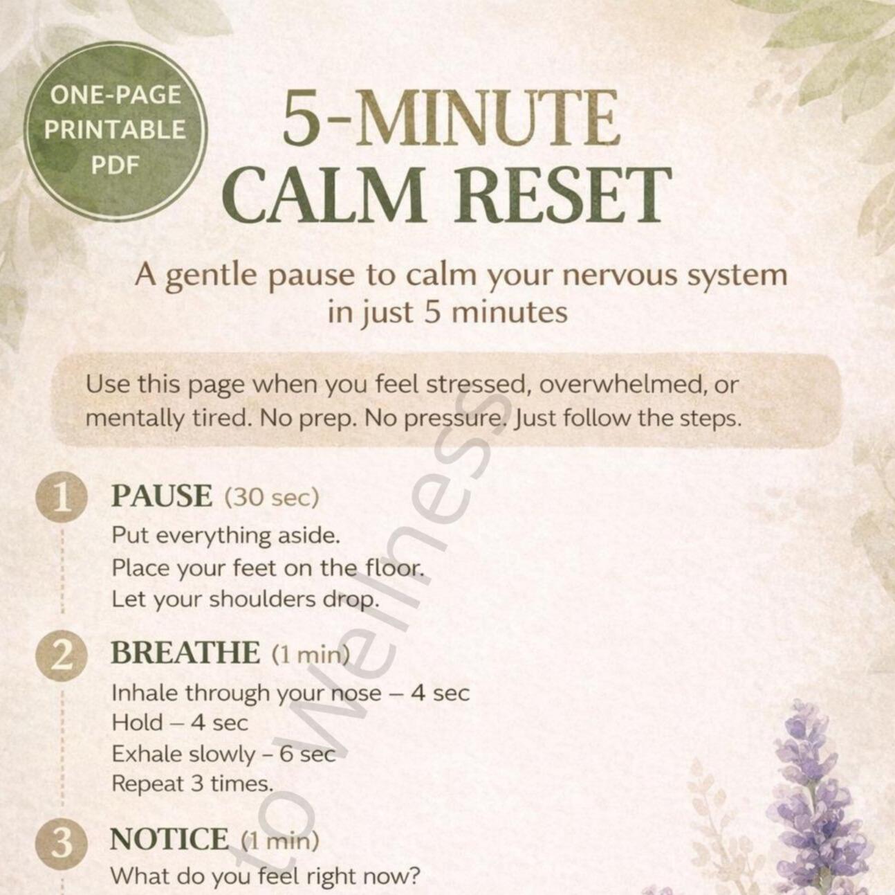 5 Minute Calm Reset Printable | Nervous System Reset Tool | Anxiety ...