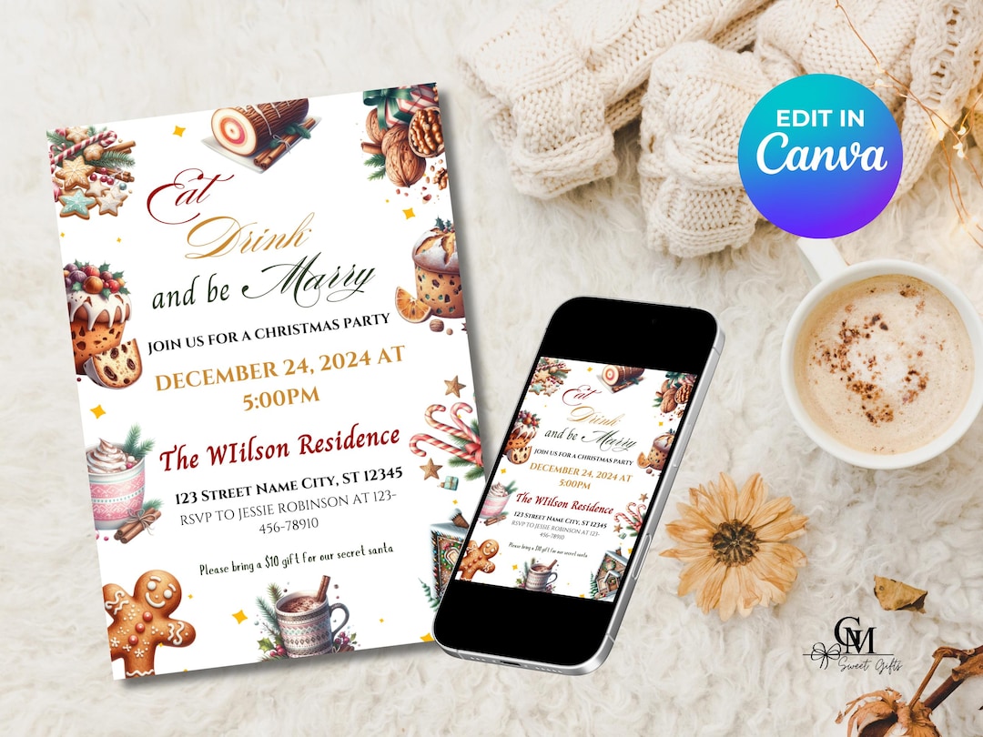 Editable Christmas Party Invitation, Eat Drink and Be Marry Digital ...