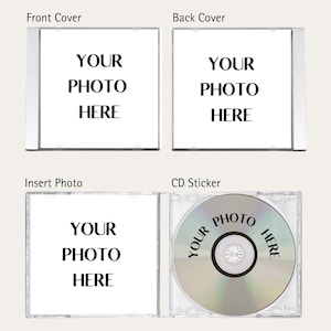 May include: A clear plastic CD case with a white insert for a photo. The front and back covers have the text "YOUR PHOTO HERE". The CD sticker also has the text "YOUR PHOTO HERE".