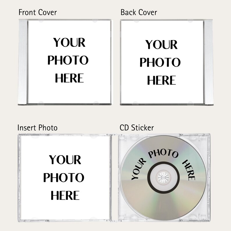 May include: A clear plastic CD case with a white insert for a photo. The front and back covers have the text "YOUR PHOTO HERE". The CD sticker also has the text "YOUR PHOTO HERE".