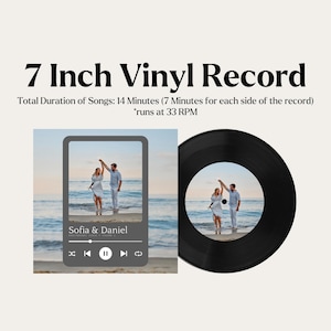 Pode incluir: Um disco de vinil de 18 cm com um rótulo preto e uma foto de um casal dançando na praia. O disco é rotulado como "Sofia & Daniel" e tem um botão de reprodução, um botão de retrocesso, um botão de avanço rápido e um botão de repetição. O texto "Duração total das músicas: 14 minutos (7 minutos para cada lado do disco) *roda a 33 RPM" também está incluído.