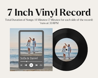 May include: A 7-inch vinyl record with a black label and a photo of a couple dancing on the beach. The record is labeled "Sofia & Daniel" and has a play button, rewind button, fast forward button, and repeat button. The text "Total Duration of Songs: 14 Minutes (7 Minutes for each side of the record) *runs at 33 RPM" is also included.