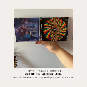 May include: A customizable CD mixtape with a rainbow swirl design on the disc. The CD case has a list of songs on the back, including "Coffee", "For the First Time", "At Last", "Georgia", "Only Have Eyes For You", "My Kind of Woman", "My Gin", "CUGH", "Can We Pretend", "Sunday Morning", and "Hey Baby". The text "FULLY CUSTOMIZABLE CD MIXTAPE YOUR PHOTOS + 70 MINS OF SONGS Perfect for Party Favors, Birthdays, Weddings, Anniversaries, and More!" is printed below the image.