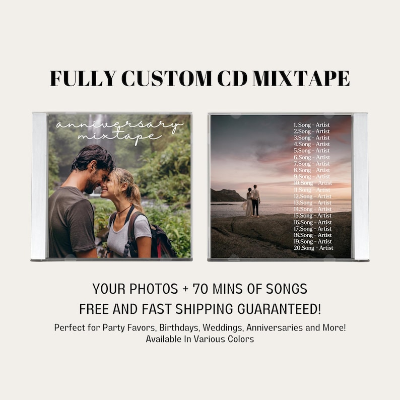 May include: Two custom CD cases with personalized photos and a song list. The text on the case reads "anniversary mixtape".