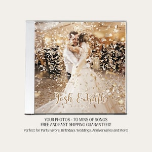 May include: A CD case with a photo of a couple dancing at a wedding reception. The case is decorated with gold confetti and the text "Josh & Kath Volume 1".