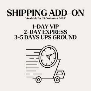 May include: Black and white line art illustration of a delivery truck with a clock face on top. The truck is speeding with a motion blur effect. The text above the image reads "SHIPPING ADD-ON *Available for US Customers ONLY 1-DAY VIP 2-DAY EXPRESS 3-5 DAYS UPS GROUND"